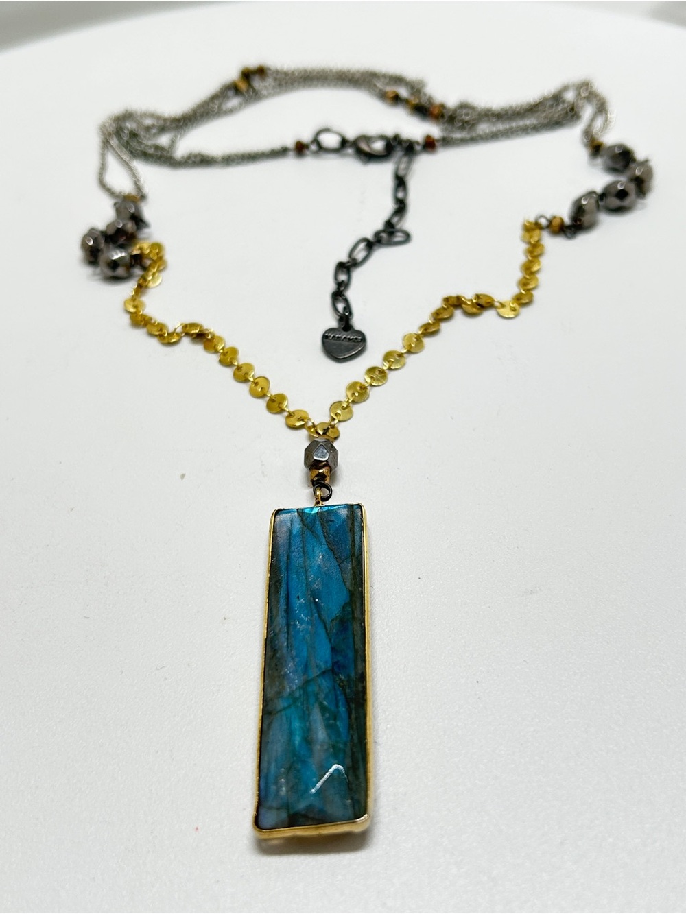 Nakamol, Long Mixed Metal Necklace With Blue Iridescent Pendant, Gold, Silver